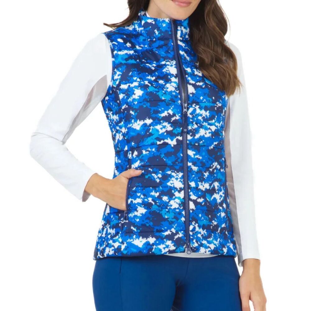 IBKUL Puffer Golf Vest Blue Camouflage Women Medium Blue Black Quilted New
